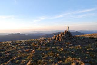 The cairn on The Bluff at dawn.